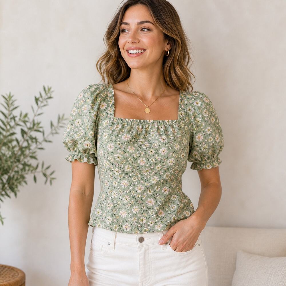 Shein Green White Pink Floral Puff Sleeve Square Neck Blouse Sz 4 NWT
